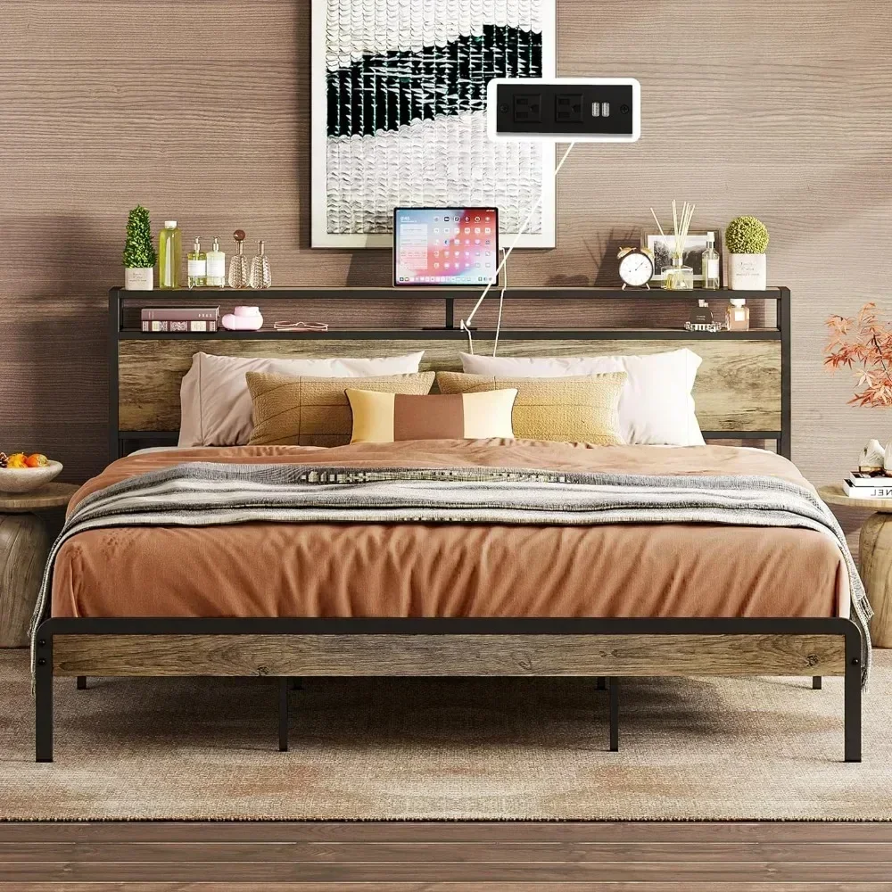 Bed Frame,Platform Bed with 2-Tier Storage Headboard and Power Outlets, USB Ports Charging Station, Sturdy and No Noise