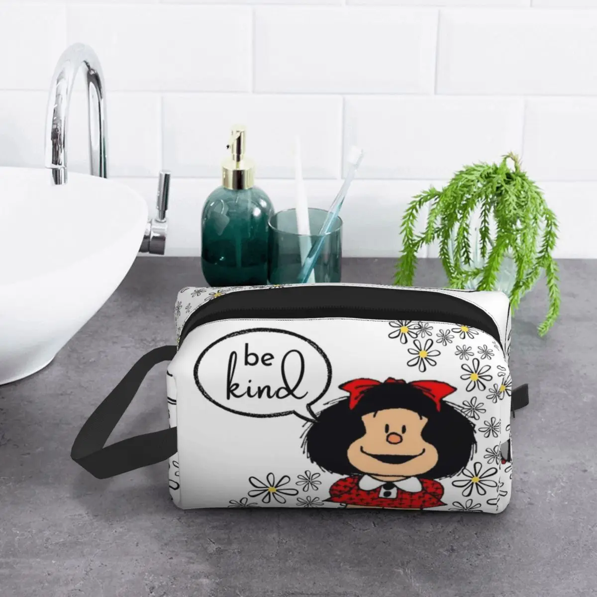 MAFALDA Be Kind Cosmetic Bag Women Kawaii Large Capacity Argentine Makeup Case Beauty Storage Toiletry Bags