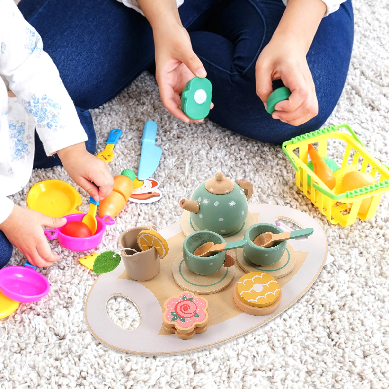 1 مجموعة طقم شاي خشبي ملون التظاهر اللعب طقم شاي بعد الظهر للأطفال الصغار الفتيات الاطفال فتاة خيالية طفل اللعب