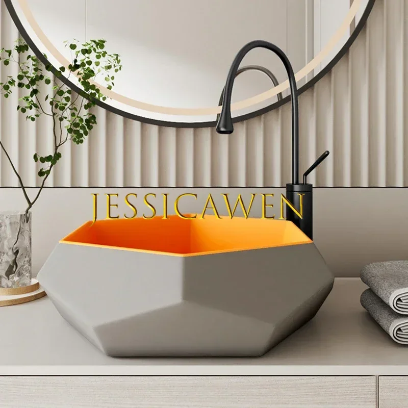 400*400*135cm Unique Ceramic Washbasin Colorful Washstand Art Basin Hexagon Nordic Creative Countertop Sink with Faucet Sets