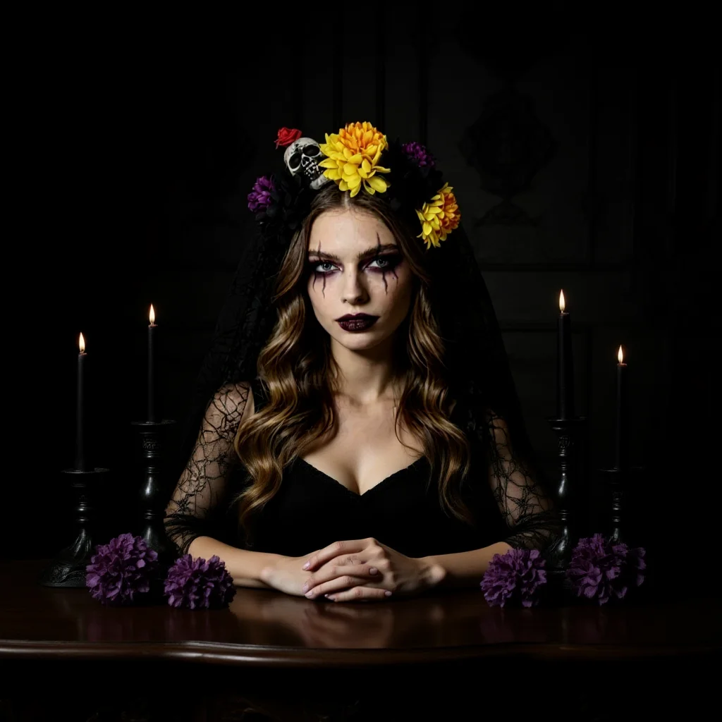 Lace Veil Headband Artificial Flower Festival Headwear Day Of The Dead Costume Headwear Hand Crafted Halloween Skull Headband