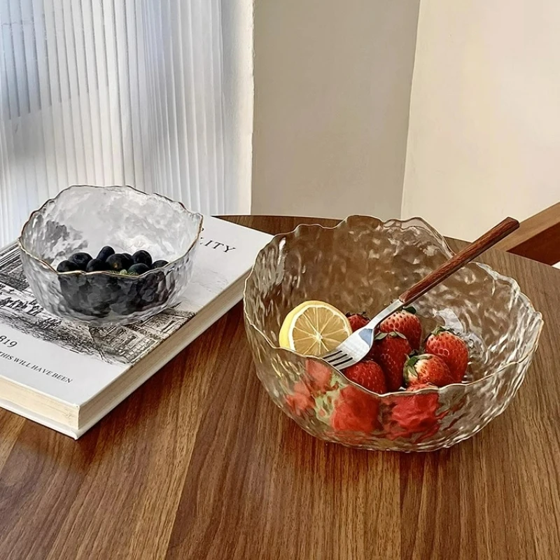 Creative Gold-rimmed Glass Salad Bowl Korean Fruit Vegetable Bowls Transparent Hammered Instant Noodle Bowl Kitchen Accessories