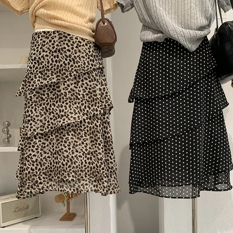 Iridesse, Irregular Fashion Skirt, Ruffled, Polka Dot, Leopard Print, Skirt Summer, High Waist, Layered Mid Skirt, for Women