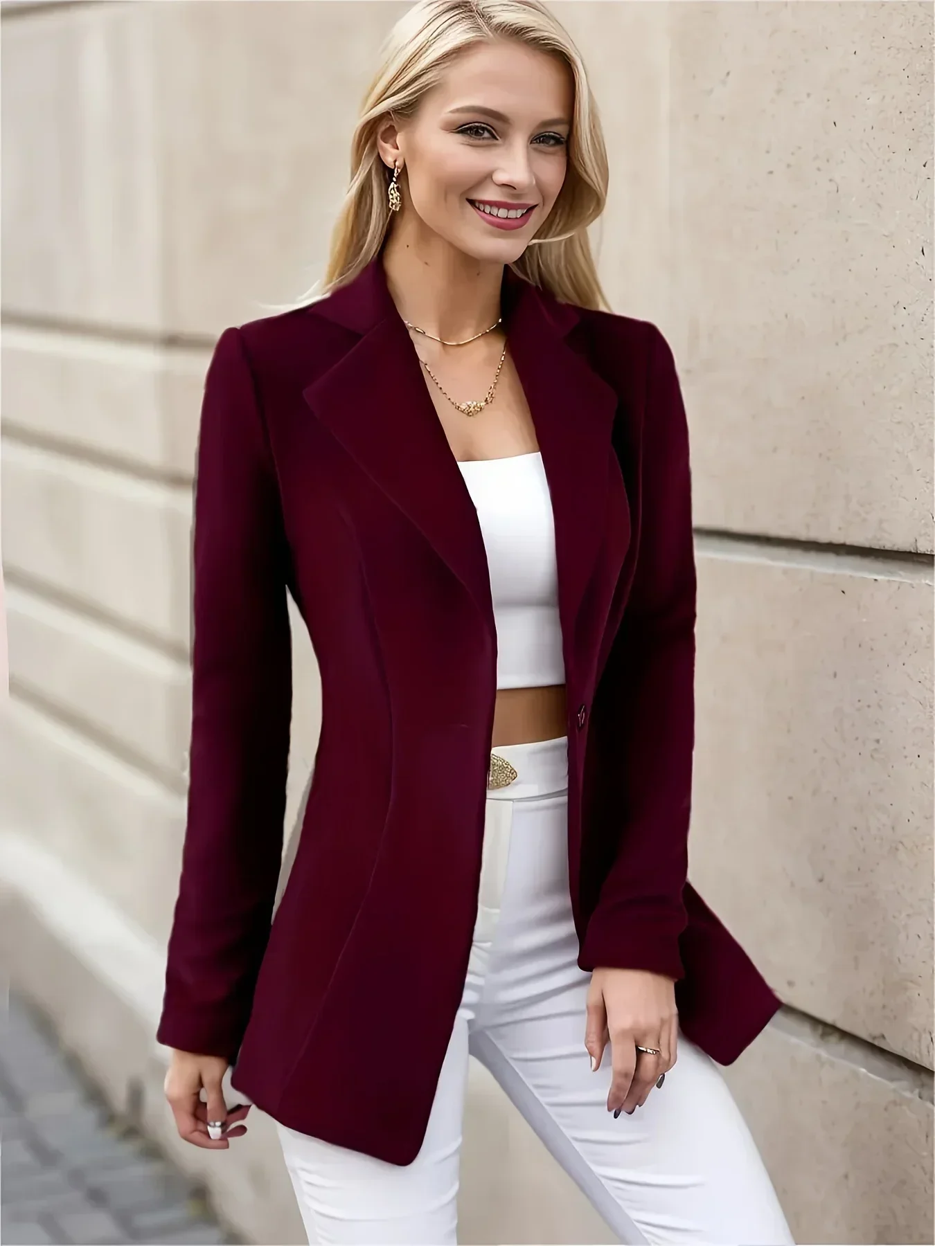 Blazer monopetto elegante e solido da donna per ufficio e lavoro - Giacca blazer blazer con risvolto a maniche lunghe