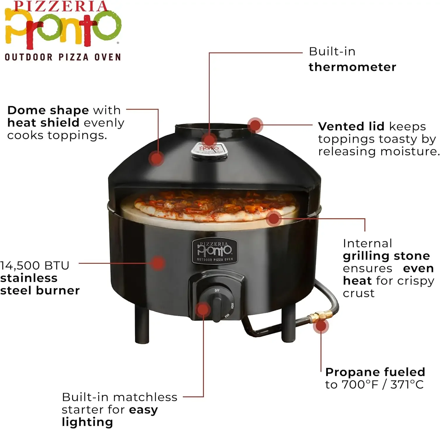 Pizzeria Pronto Outdoor-Pizzaofen, leicht, tragbar und sicher auf jeder Oberfläche, schwarz