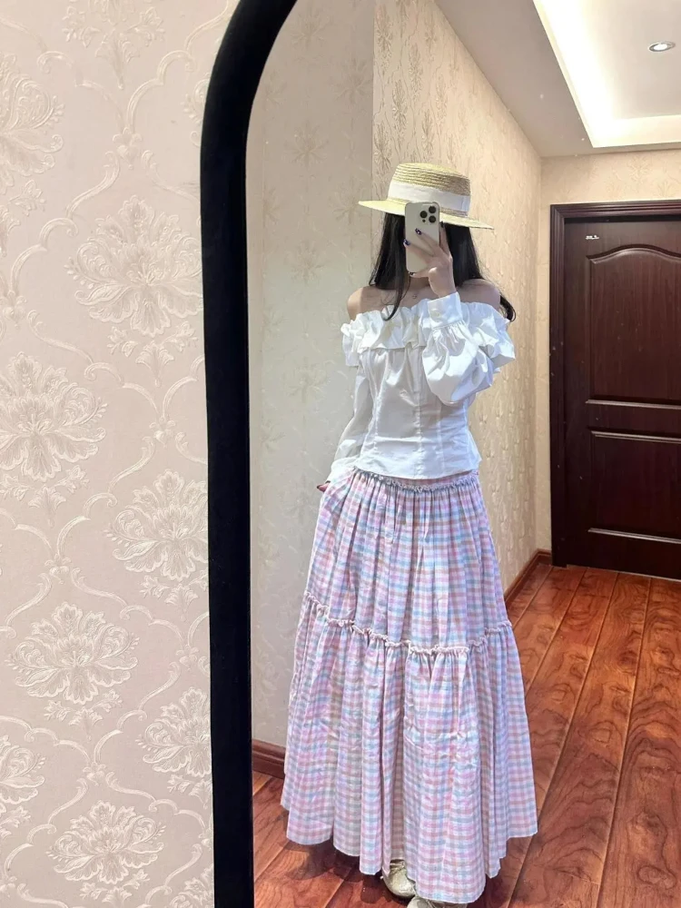 

Розовая клетчатая длинная юбка для женщин, весна-лето 202, милые плиссированные юбки трапециевидной формы с высокой талией, милые повседневные пляжные юбки, новинка
