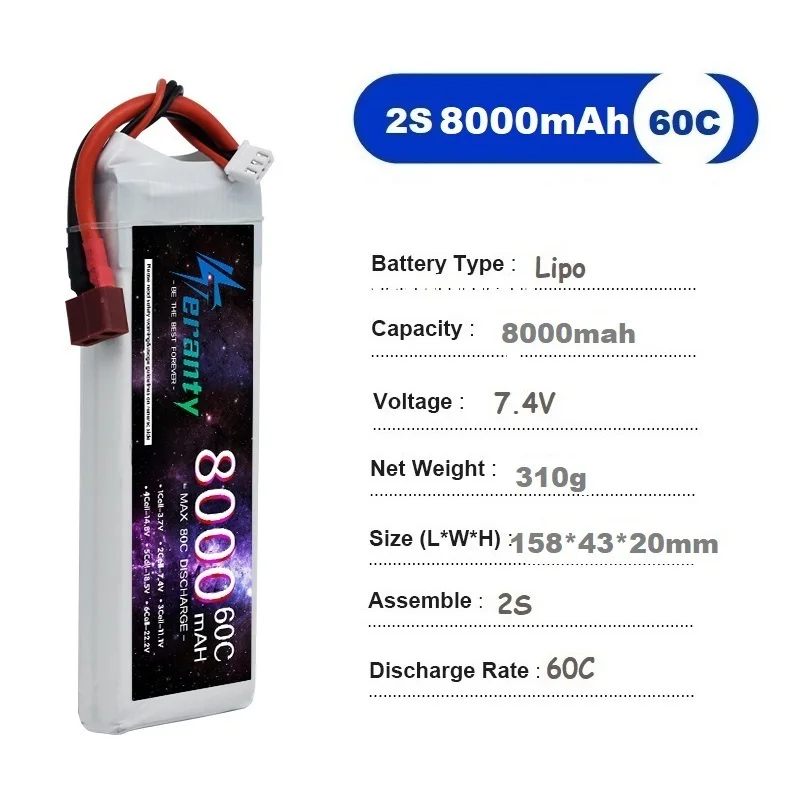 TERANTY Lipo Battery 2S 7.4V 8000mah 60C With XT60 XT90 EC5 RC Parts T Deans for RC Car Truck Airplane Boat 1/2PCS