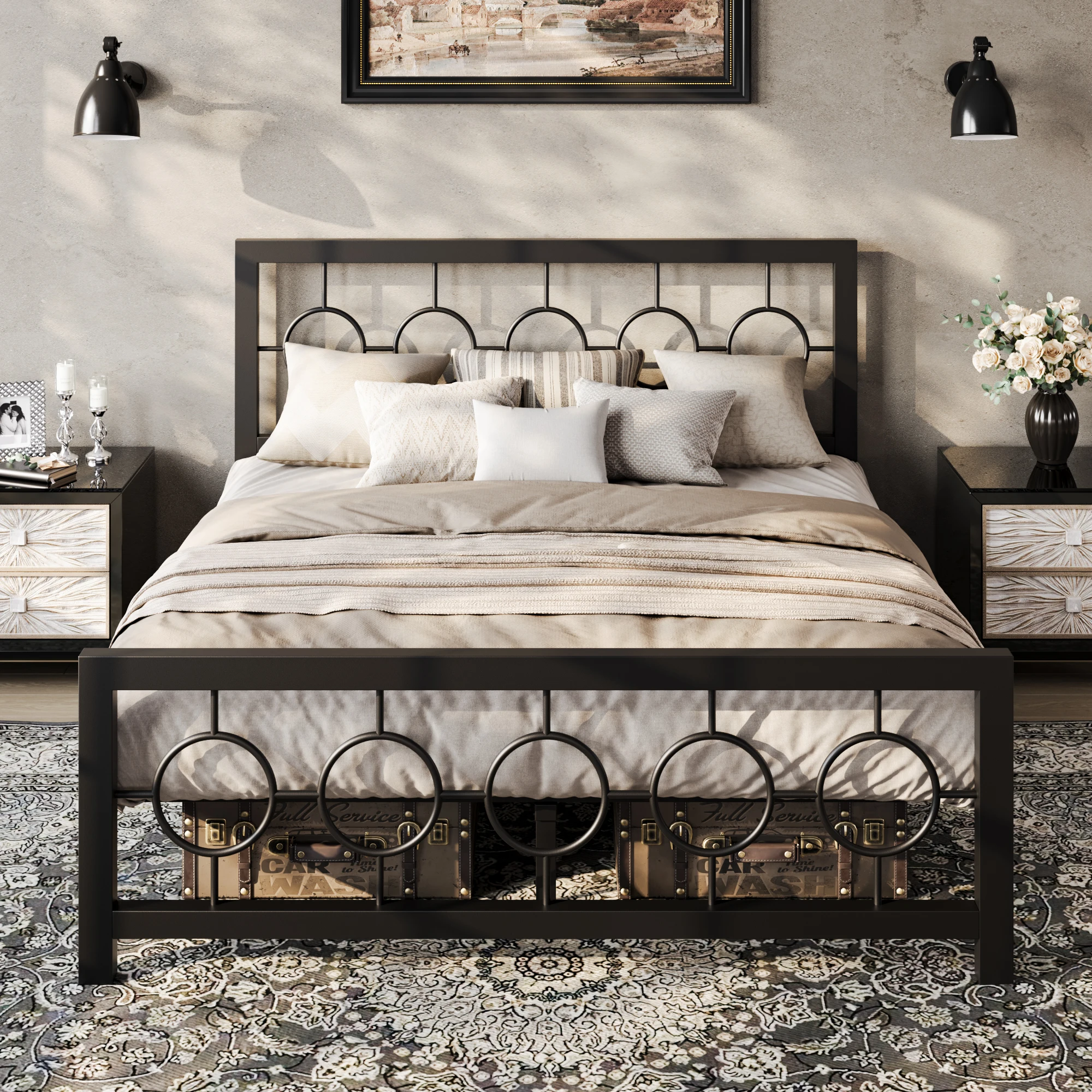 HOOMIC Metal Platform Bed Frame with Vintage Circular Design Headboard and Footboard, Extra Under-Bed Storage Allewie