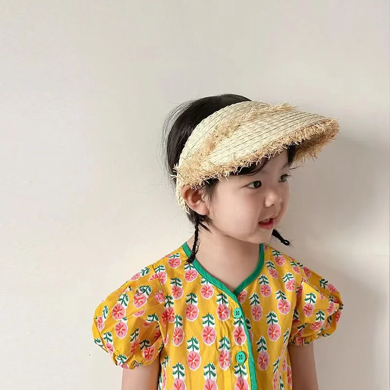 Children's Big Brim Sun Protection Hat Parent-child Raffia Grass Raw Edge Empty Top Straw Hat Summer Empty Top Straw Hat