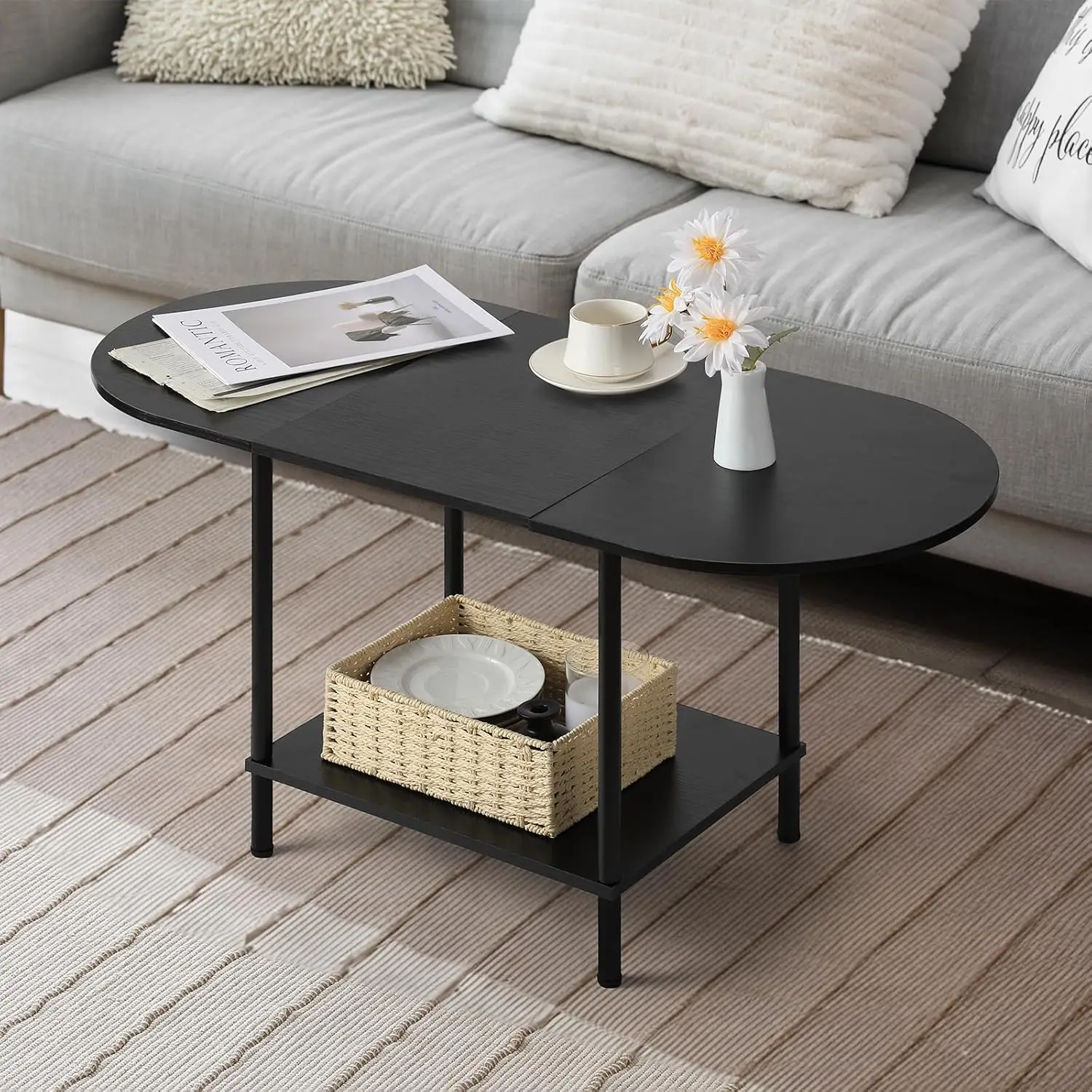 

Coffee Tables for Living Room,2-Tier Small CoffeeTable Industrial Modern Coffee Table with Storage Shelf and Wood Tabletop