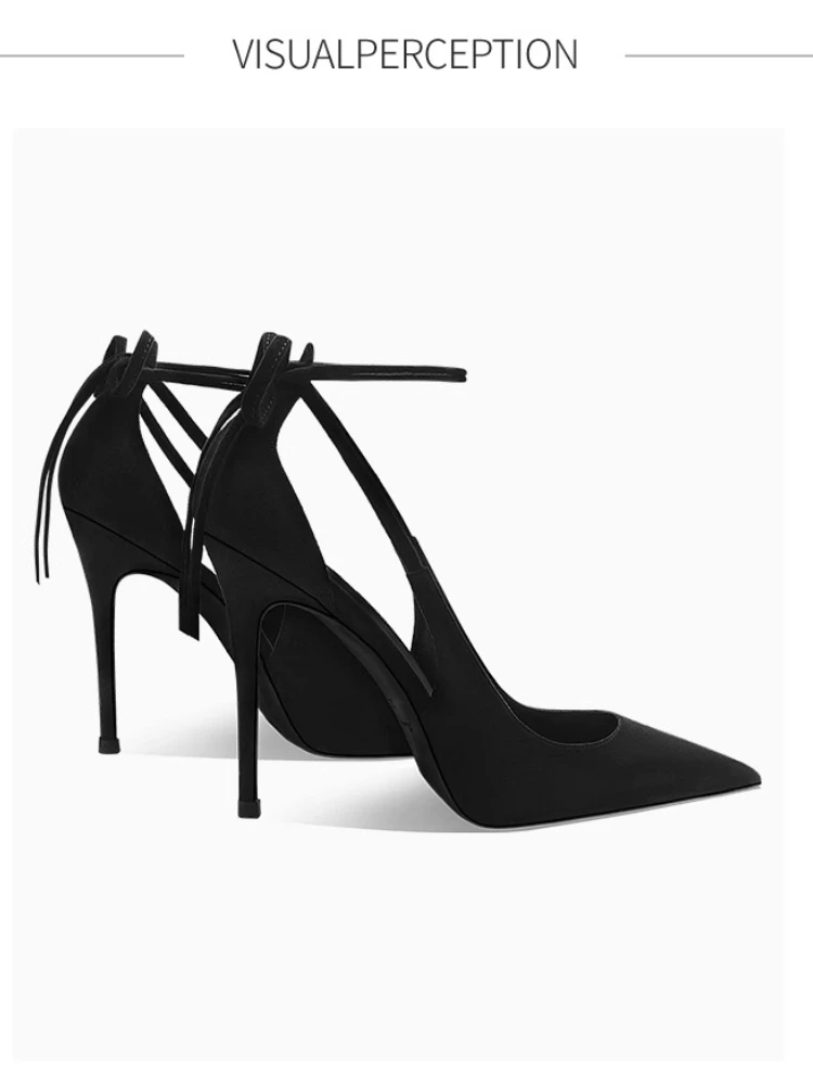 حذاء بكعب عالي بحزام أسود للنساء 2025 صيفي جديد مثير بكعب نحيف حذاء فردي مدبب مع تنانير وصنادل لأصابع القدم
