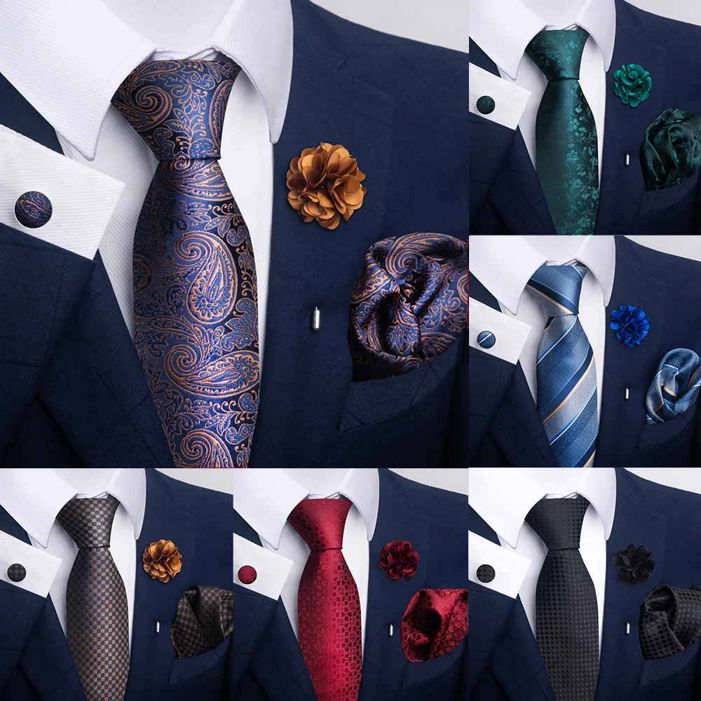 Luxury Mens Ties Floral Black Gold Ties Paisley NeckTie Pocket Square Cufflinks Brooch Set Men\'s Wedding Party Tie