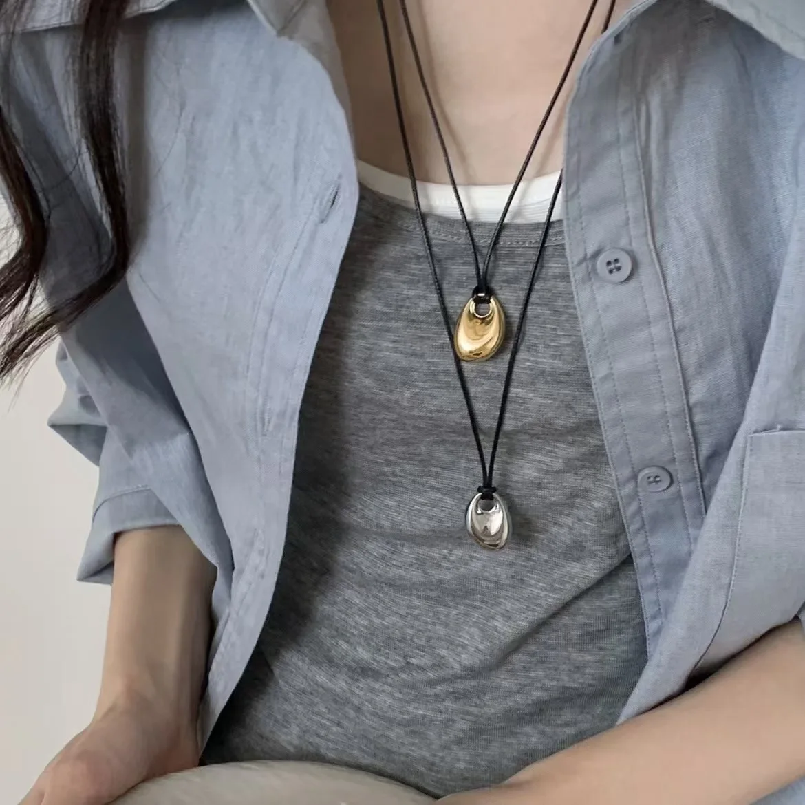 Korean Black Skin Rope Silver Color Bean Pendant Necklace For Women Men Jewelry 2026 Trending New Vintage Couples Necklace Gifts