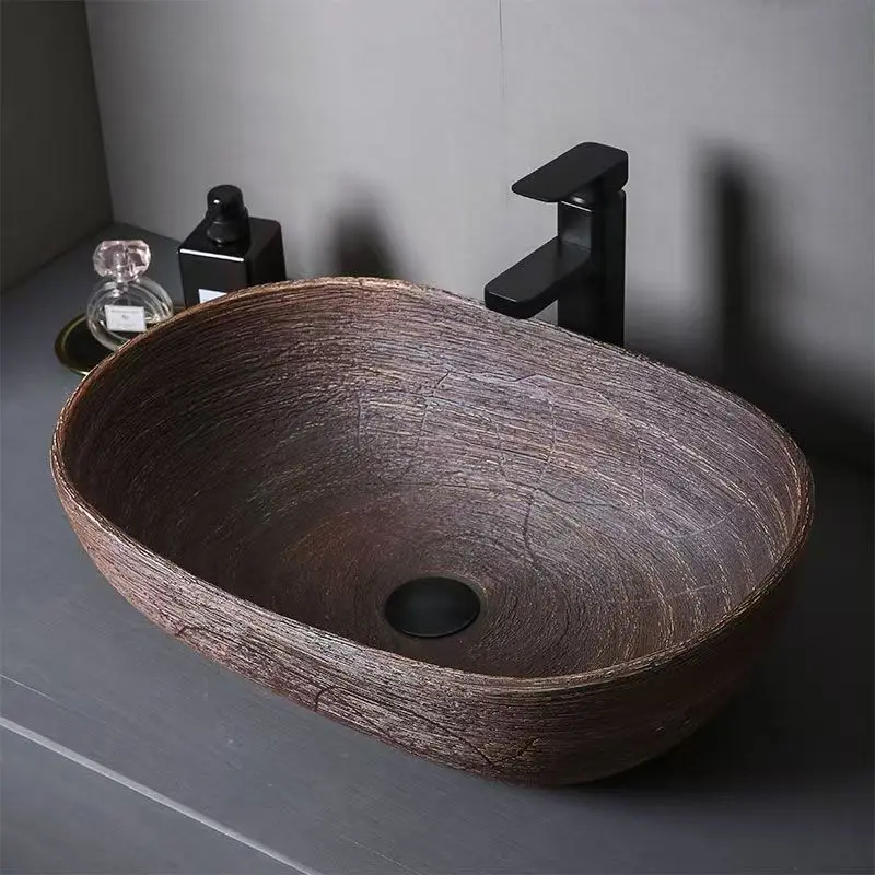 Imitation Wood Grain Table Basin Made Old Ceramic Wash Basin Oval Chinese Antique Art Washbasin Balcony Bed And Breakfast Basin