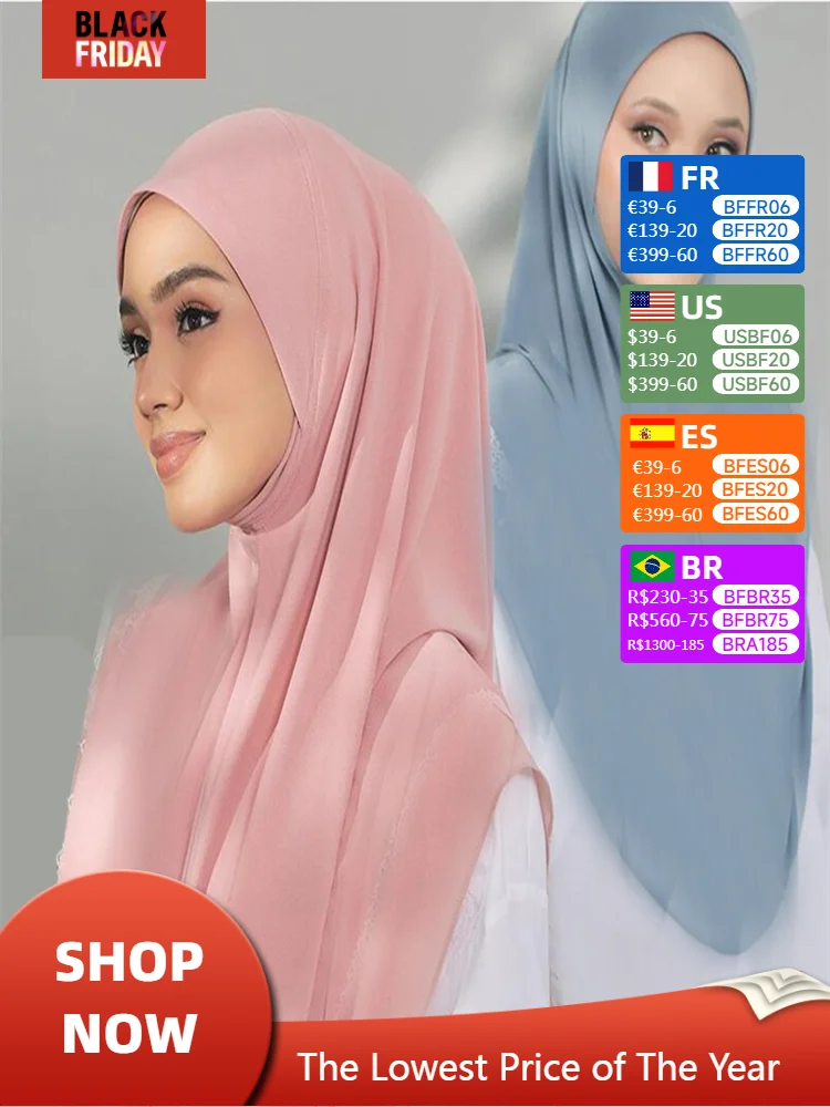 Ramadan Chiffon Hijabs For Woman Instant Hijabs With Cap Khimar Islam Muslim Jersey Head Scarf Headwraps Muslim Women Clothing