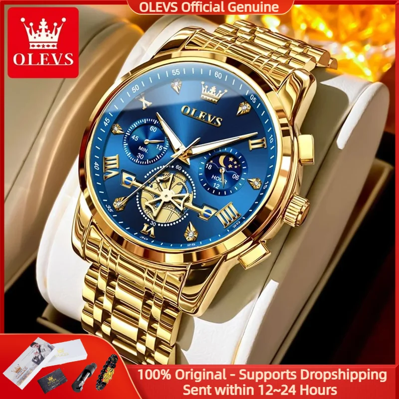OLEVS Luxury Brand Men's Watch Classic Roman Scale Flywheel Design Moon Phase Waterproof Quartz Watch for Men Original 2856
