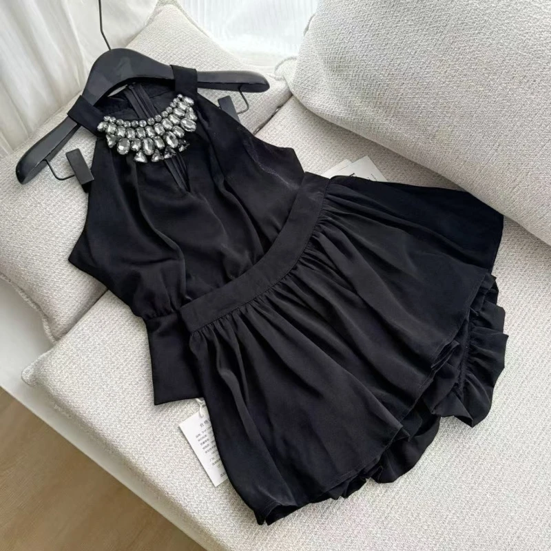 黒レトロホルターネックミニドレス女性春夏新デザインセンスウエストスリムサンドレスドレス韓国のファッションデザイナーの服