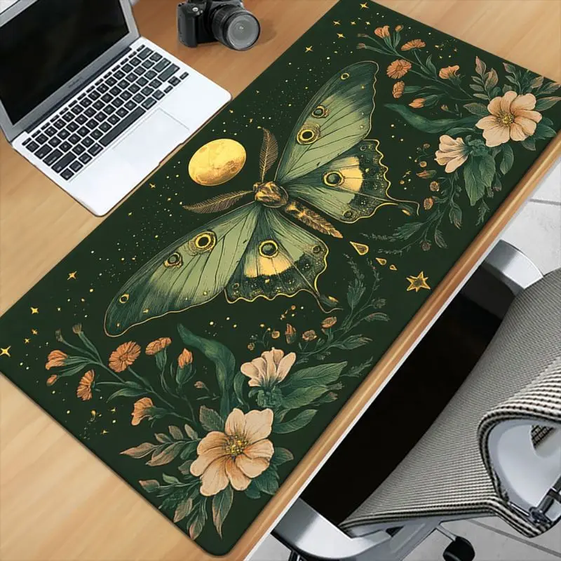 VIKAMA Dark Green Luna Moth Large Desk Pad Non Slip Gaming Mousepad Wildflower Moon Art Keyboard Mat Desktop Decor Accessories