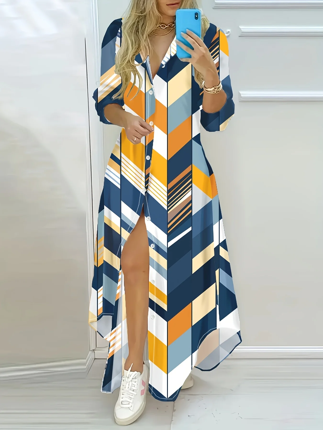 Geometrisches Streifenmuster Farbblock-Print Langarm-Kleid für Damen Urlaubsstil Lässige Sommer-Herbst-Mode A-Linien Midi-Kleid