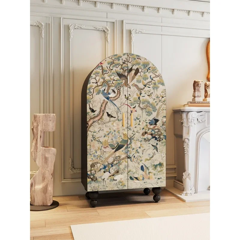 French flower and bird solid wood wardrobe, living room decorative cabinet, bedroom, bedside door storage, locker, clothes hangi