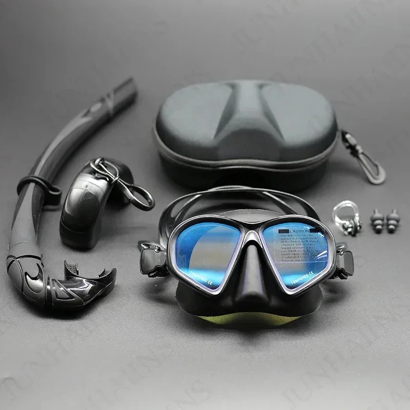 JUNHAIINS Máscara de apnea de vidrio templado Juego de snorkel Snorkel plegable Máscara de buceo tipo J con soporte para cámara