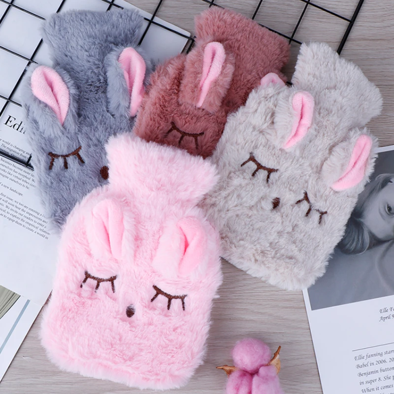 Winter Warm Heat Hand Warmer Reusable  PVC Stress Pain Relief Therapy Hot Water Bottle Bag with Knitted Soft Rabbit Cozy Cover