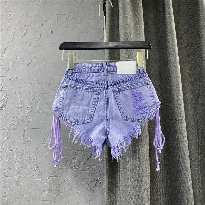 Short en jean violet pour femme, taille basse, simple boutonnage, short trapèze avec sangle, pantalon chaud femme, mode sexy, été, nouveau, 2024