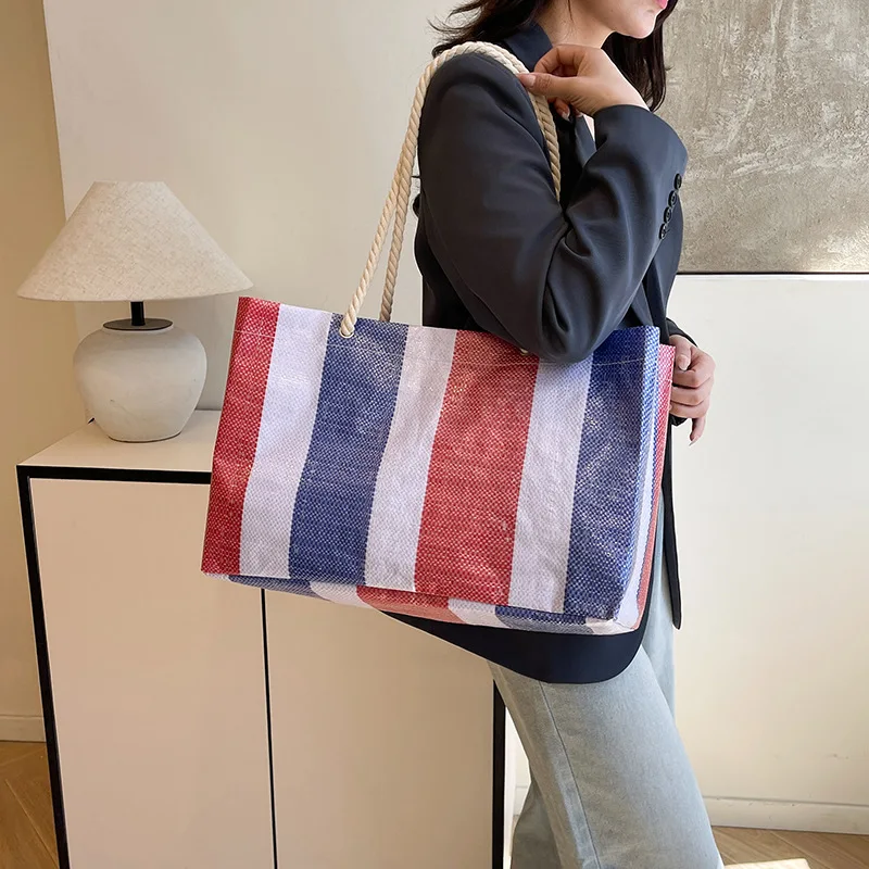 Large Capacity Three-color Splicing Woven Portable Environmental Protection Bag Portable Lightweight Waterproof Shopping Bag