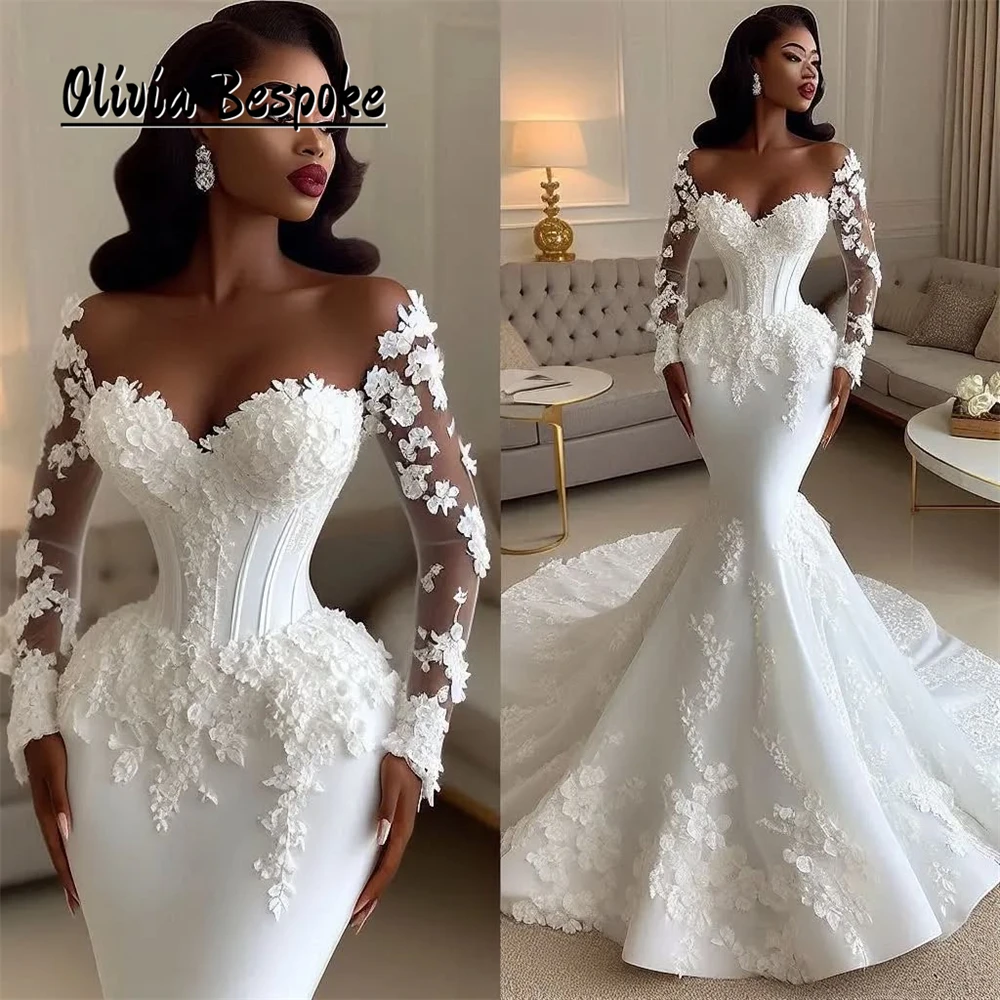 

Wonderful Aso Ebi Mermaid Wedding Dresses For Brides 2025 Lace Applique Long Sleeves African Bridal Engagement Gowns Customized