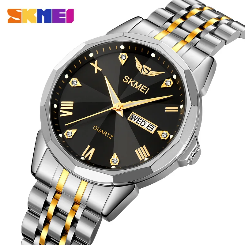 SKMEI Luxury Men's Quartz Watches Stainless Steel Strap Wristwatches Date Week Waterproof Simple Dial Watch Men reloj hombre