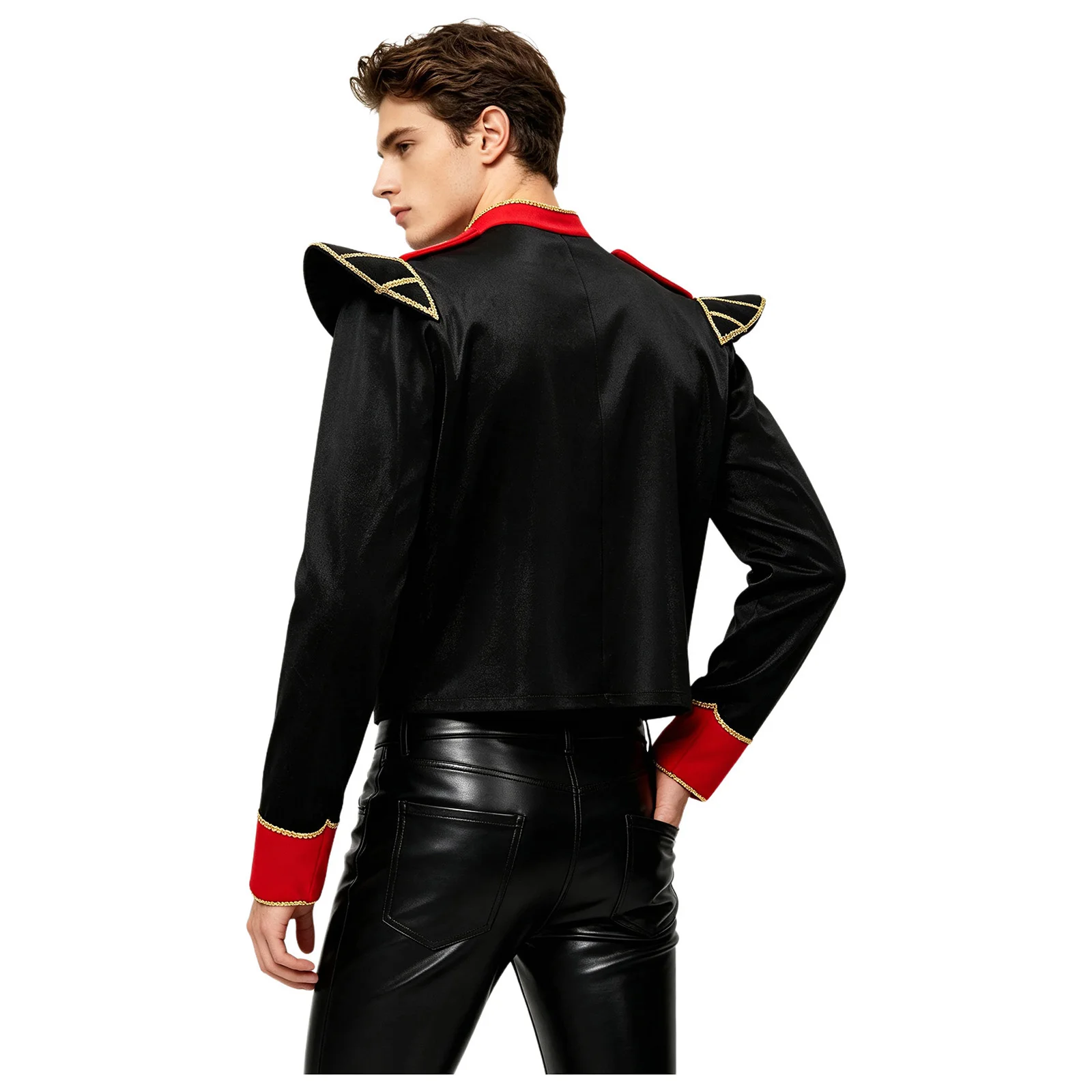 Mens Circus Ringmaster Cosplay Costume Jacket Stand Collar Long Sleeves Coat with Faux Gold Trim for Carnival Festival Dress Up