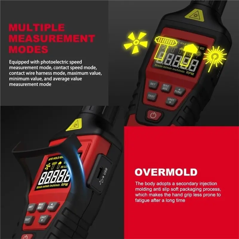 DTA4-HT671 Handheld Digital Tachometer Speedometer 2-In-1 Contact RPM Counter 99999RPM