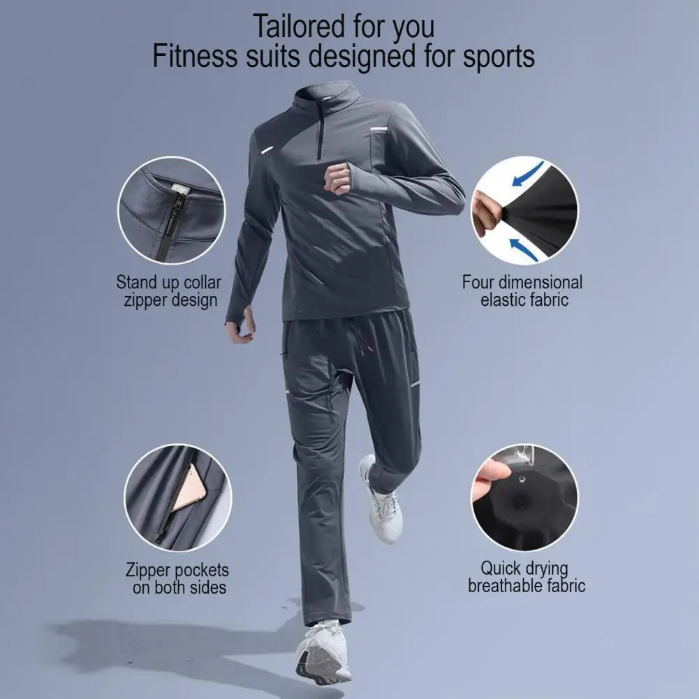 

2Pcs Men Sport Suit Set Stand Collar Zipper Long Sleeve Pullover Tops Quick-Dry Sweat-Wicking Running Pants Set Sports Tracksuit