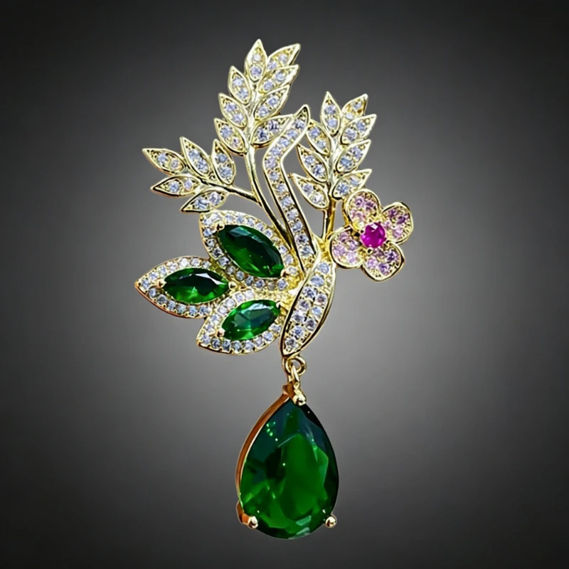 Fashion Green Yellow Leaves Flower Bouquet Wheat Ear Brooch for Women Creative Rhinestone Pin Suit Clothing Jewelry Accessories