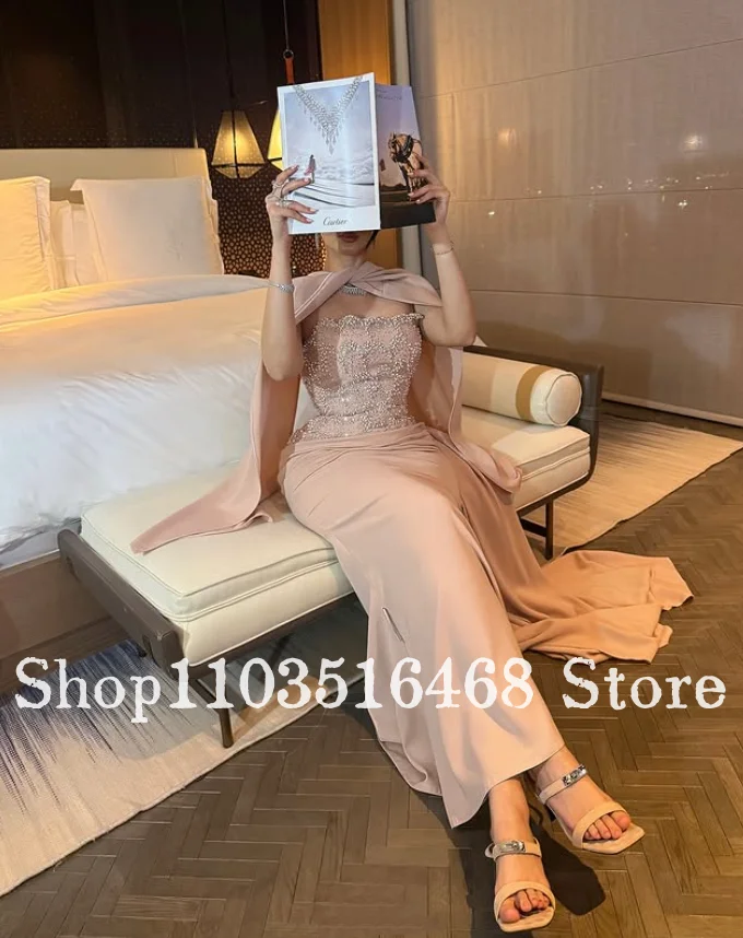 Vestido de noche sencillo sin tirantes con cuentas, elegante vestido de baile con chal desmontable para fiesta de boda, cortina de cola de pez personalizada