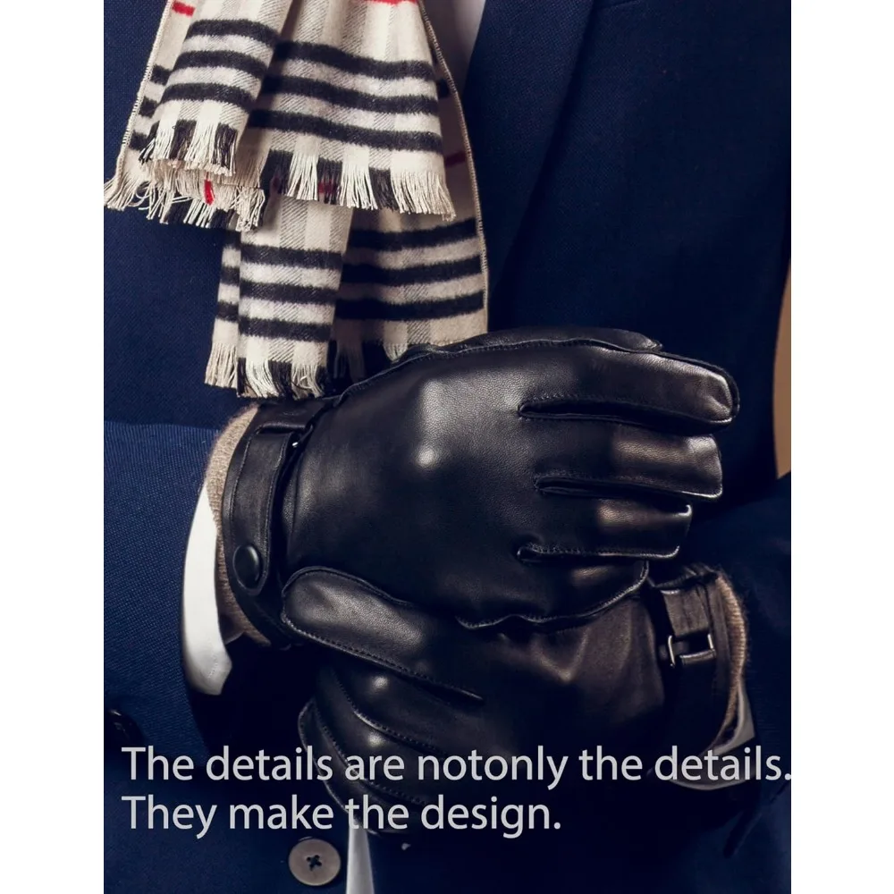 قفازات جلدية مبطنة بالكشمير تعمل باللمس للرجال - دفء ونمط جلد الخراف الشتوي