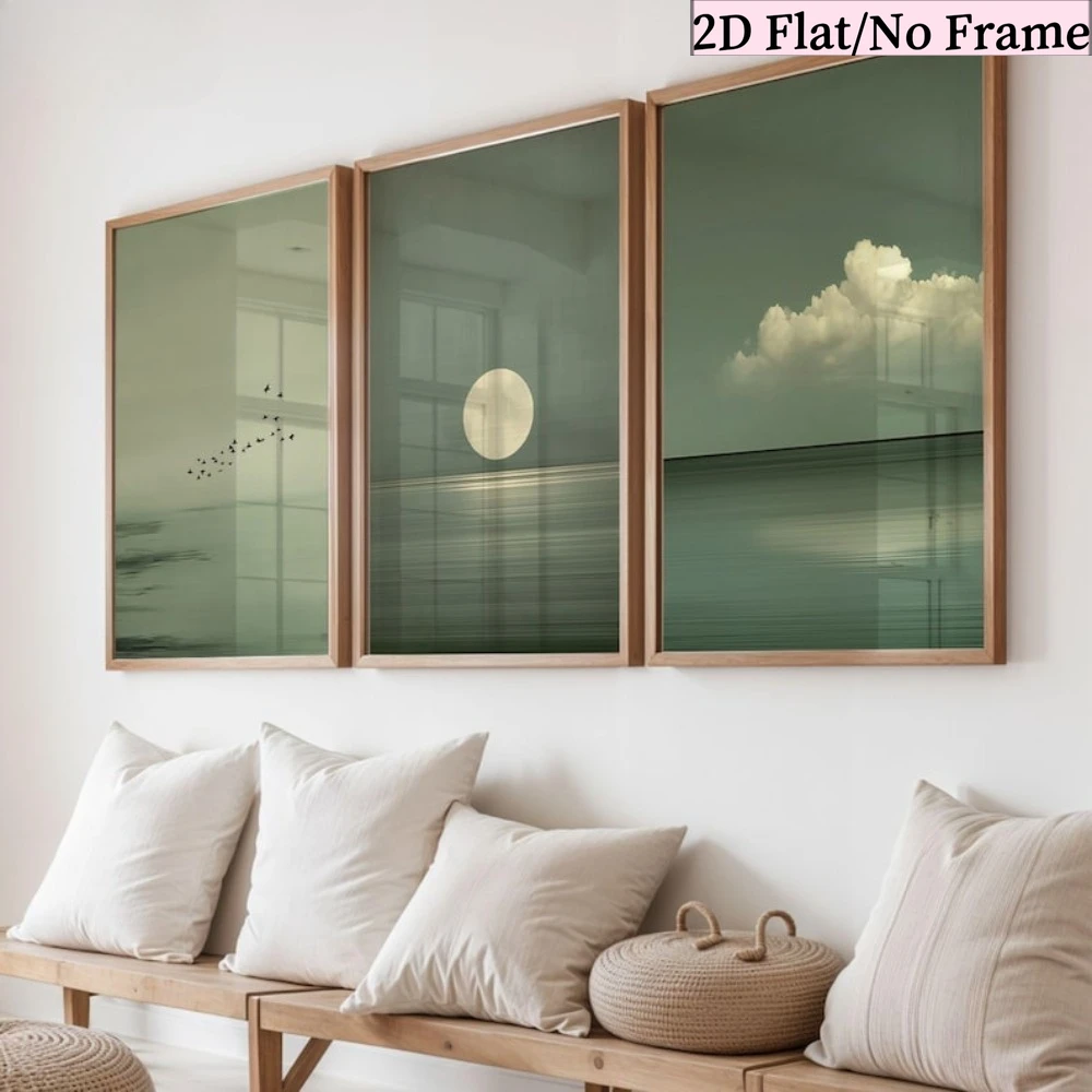 （NoFrame 3PCS)-2D Flat, 2D Flat, 3pcs 2D Flat Nordic Style Wall Art Set, Including 3pcs Minimalist Sage Green Posters, Scandi