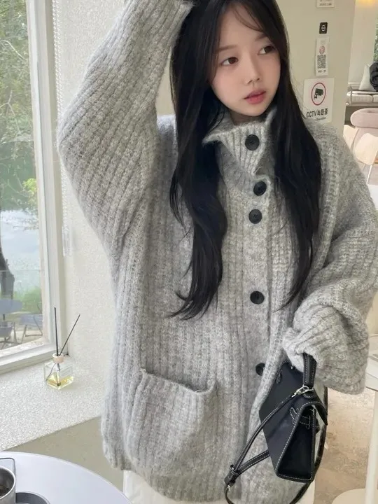 

Korean Sle High Collar Lazy Sle Sweater Coat Women's Faion Casual Single Button Soft Cozy Knitted Open Cardigan