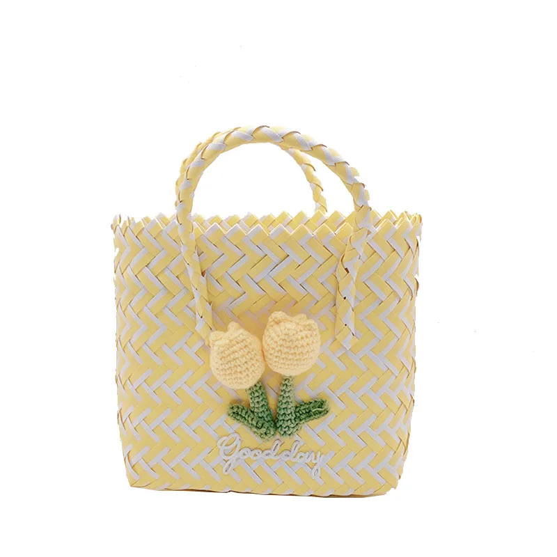 LOERSS Knitted Yellow Flower Handbag Casual Women Nylon Bucket Bags Embroidery Large Capacity Top-Handle Bag 2023 New Design image 2