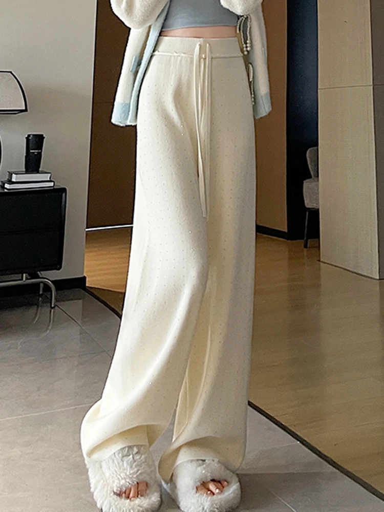 

Knitt Wide Leg Straight Pant Women's Clothing Autumn Winter New High Waist Elastic Loose Versatile Casual StyleThick Full Pants