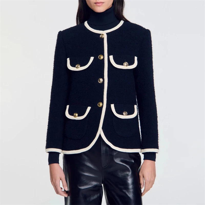AutumnNew women\'s round neck wool contrastColor stitching knitted jacket high quality y2k fashion commuting navy blue slimJacket