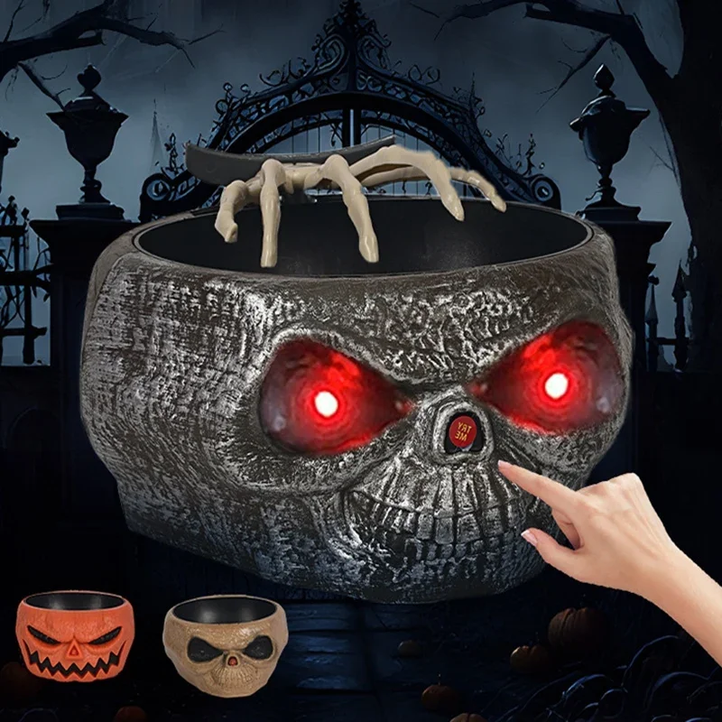 Trick or Treat Skull Pumpkin Bowl Scary Halloween Decoration with Glowing Eyes Spooky Sound Hand Tricky Scare Haunted House Prop