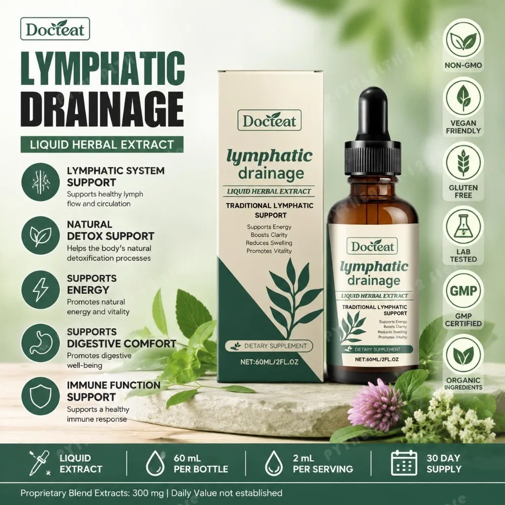 Docteat Lymphatic Drainage Liquid Herbal Extract, 300mg Cleavers & Red Clover Blend, Lymph Flow & Immune Support, Vegan, 60ml
