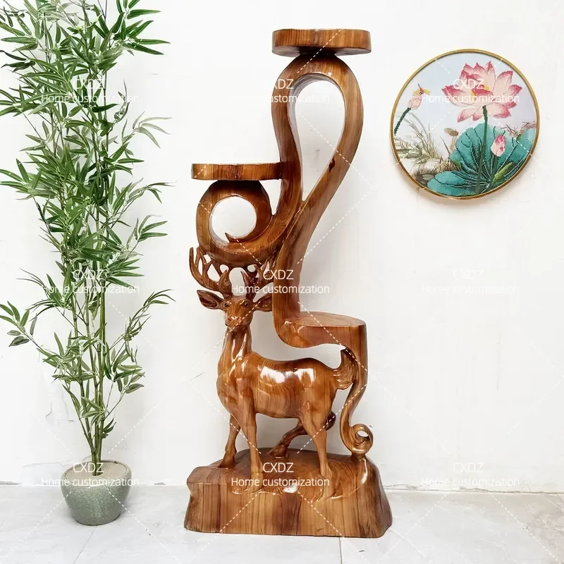 Camphor Wood Root Carving Flower Stand Floor Deer Sculpture Living Room Decorative Shelf Solid Wood Plant Display Rack