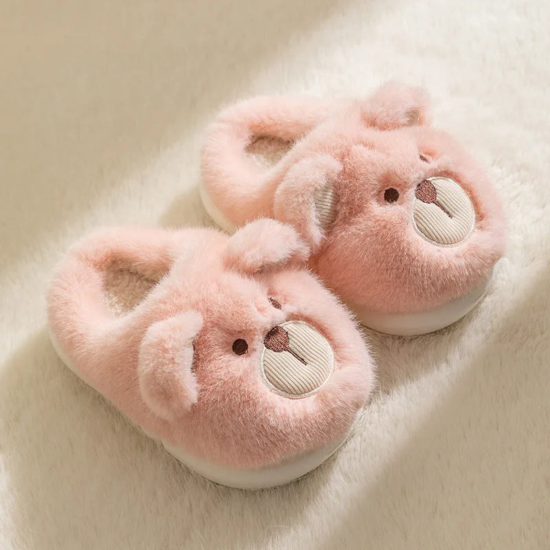 Cute Bear Children Winter Shoes Soft Bottom Cartoon Boys Girls Indoor Slippers Warm Plush Non Slip Bedroom Kids Slippers