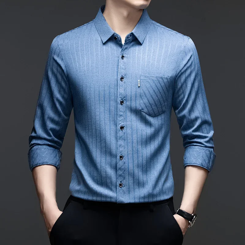 Mens Vertical Striped Long Sleeve Dress Shirts Casual Business Tops Breathable Lightweight Tops with Chest Pocket for Men
