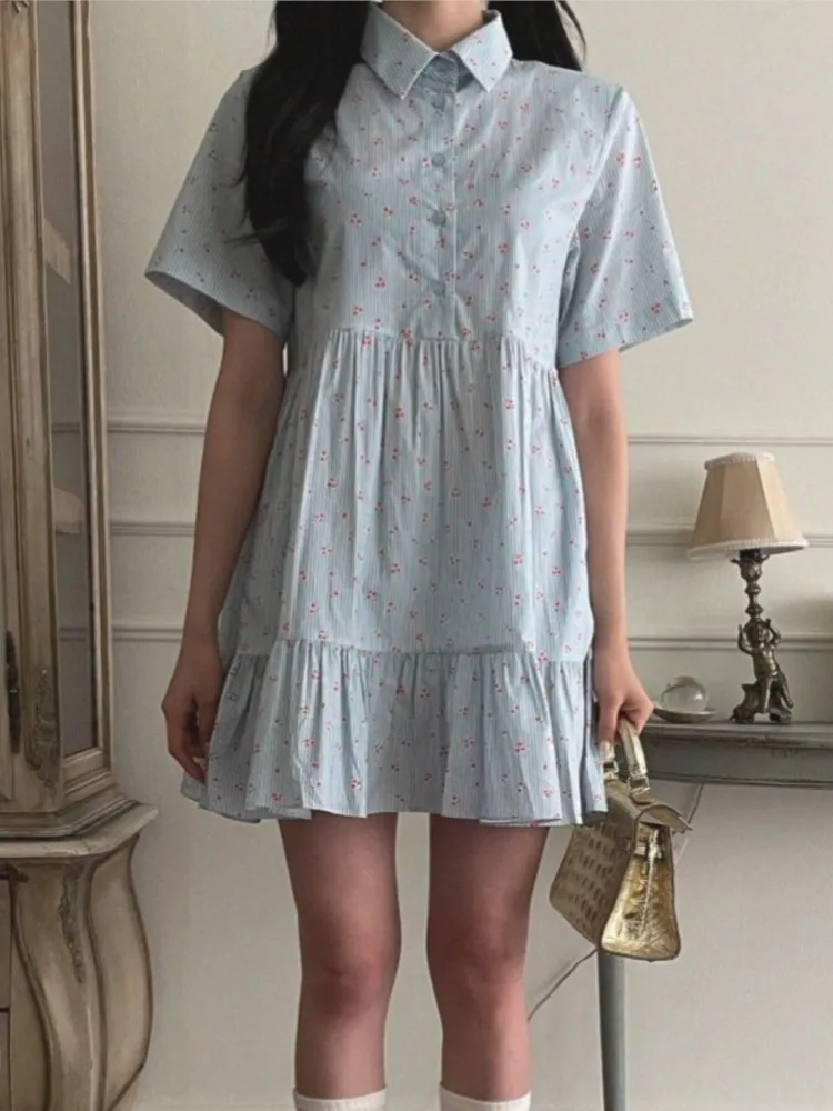 Letnia plisowana sukienka z falbanką i kwiatowym nadrukiem Damska koreańska moda Sukienki damskie Elegancka sukienka damska w stylu vintage Vestidos