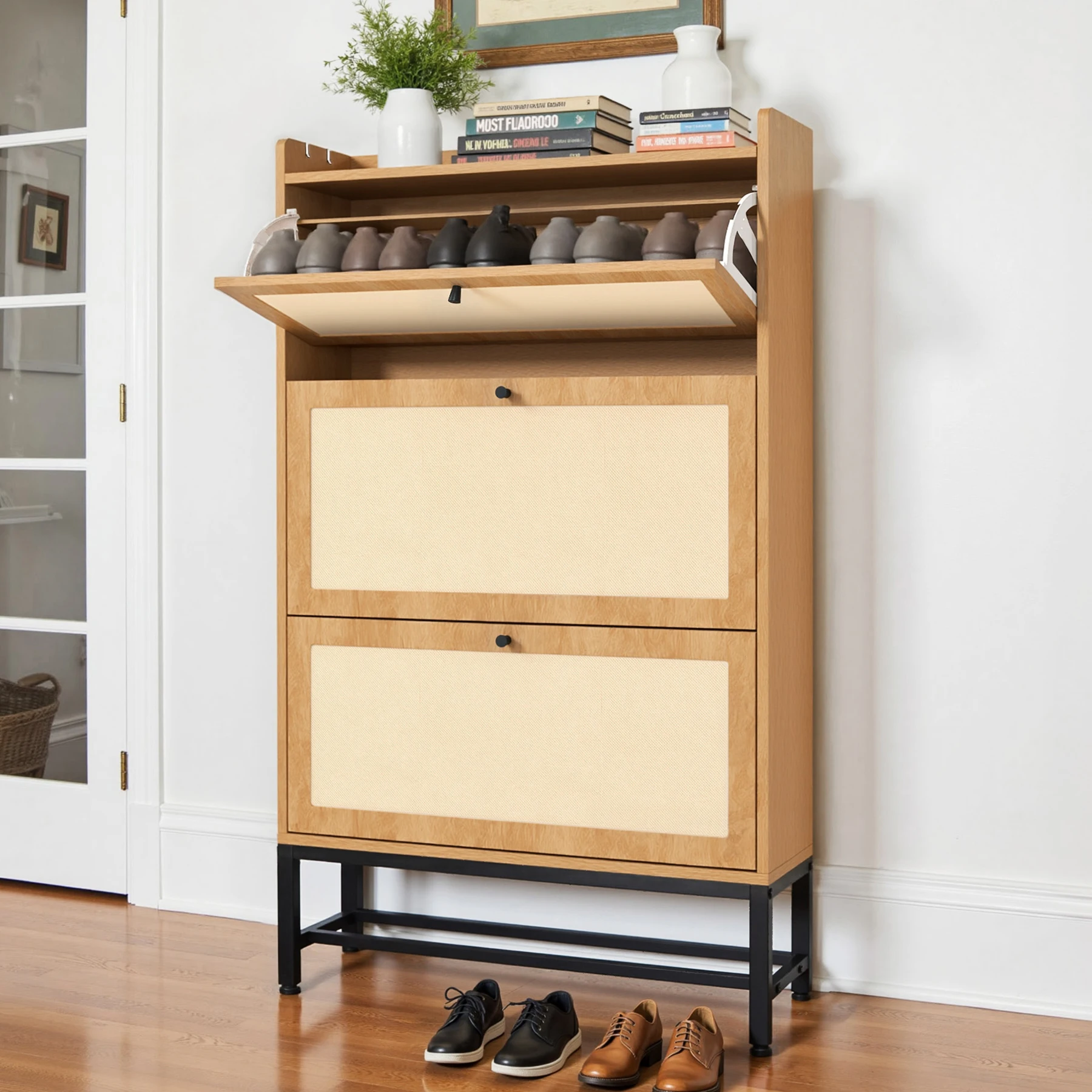 Space-Saving Modern Black Flip-Top Modular Wood Shoe Cabinet Mesh Panel Doors Two-Position Adjustable Removable Shelves Dining