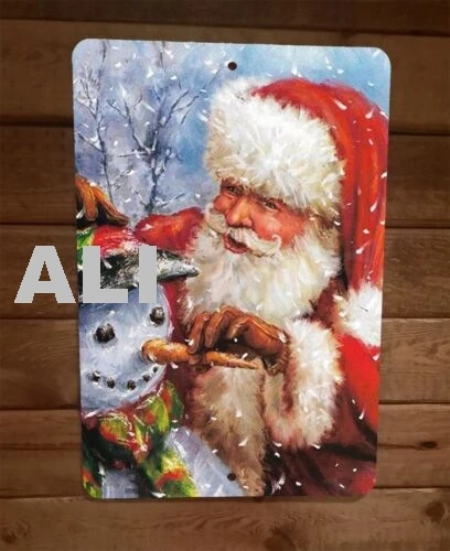Merry Xmas Christmas Santa and Snowman 8x12 Metal Wall Sign Poster sign
