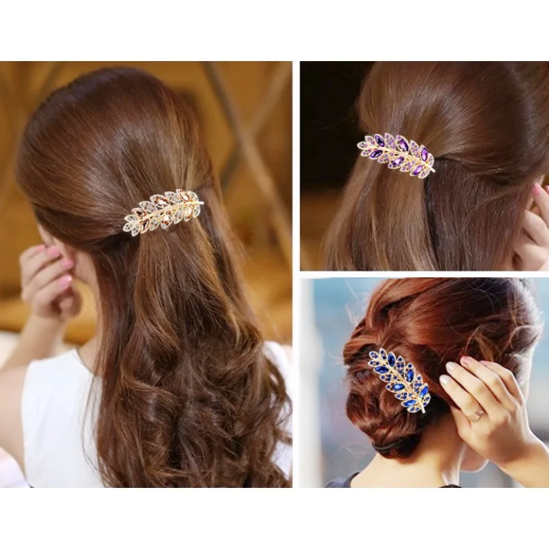 Crystal Leaf Shape Hairpin Girl Ladies Headwear Jewelry for Women Rhinestone Alloy Hair Clip Party Barrettes Hair Accessories